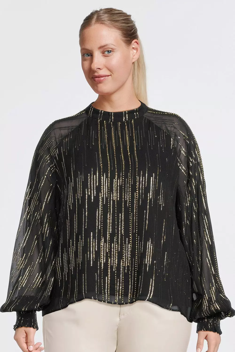 LUXE Plus Size Black Sequin Hand Embellished Chiffon Blouse