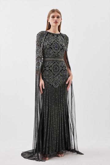 Black Premium Embellished Caped Woven Maxi Dress