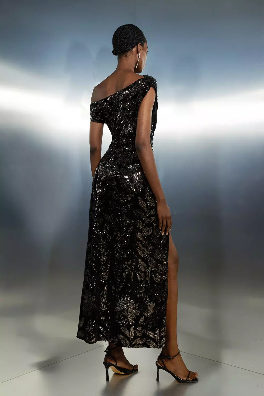 Velvet Sequin Woven One Shoulder Maxi Dress