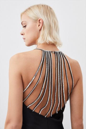 Black Heavy Satin Diamante Detail Halter Woven Maxi Dress
