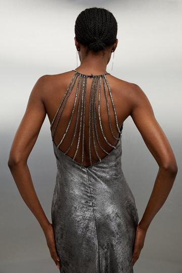 Premium Metallic Diamante Detail Halter Woven Maxi Dress pewter