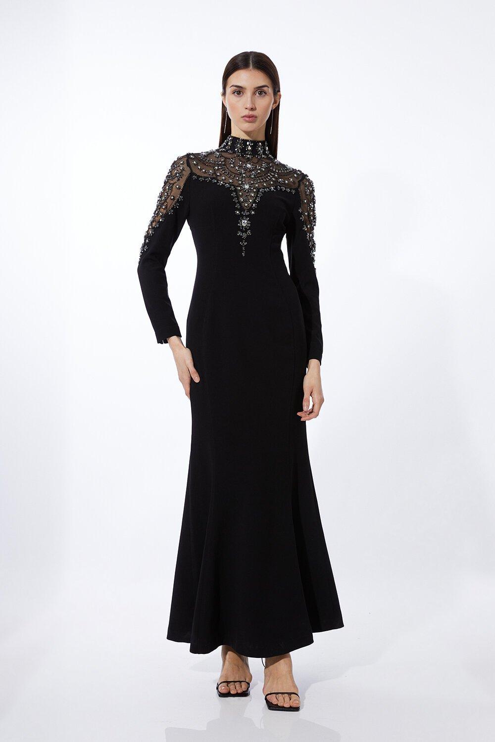 Premium Crystal Embellished Woven Maxi Dress - Black