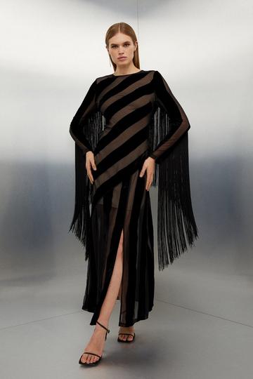 Petite Fringed Velvet Devore Long Sleeve Woven Maxi Dress black