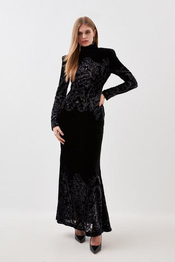 Tall Placed Velvet Devore Woven Long Sleeve Maxi Dress black