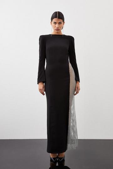 Black Viscose Woven Panelled Crystal Mesh Maxi Dress