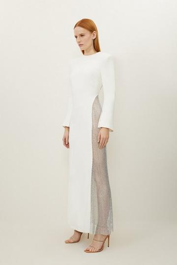 Viscose Woven Panelled Crystal Mesh Maxi Dress ivory