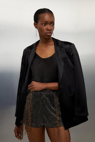 Black Premium Embellished Fringe Woven Shorts