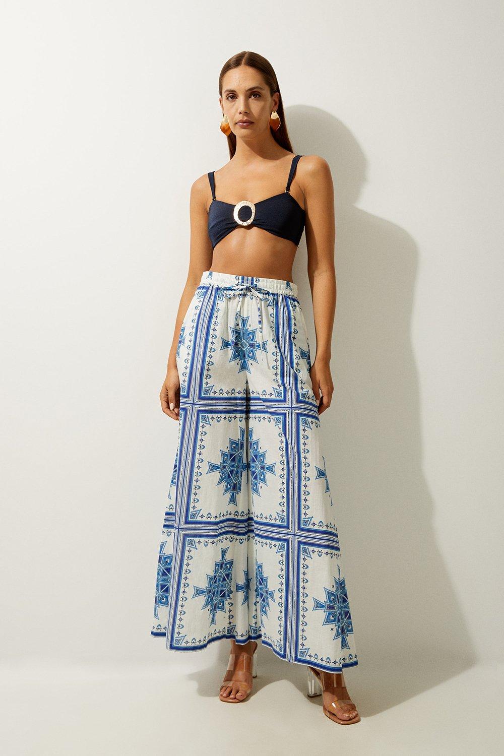 Printed Cotton Voile Beach Trousers - Blue