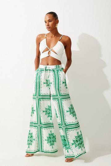 Printed Cotton Voile Beach Trousers green