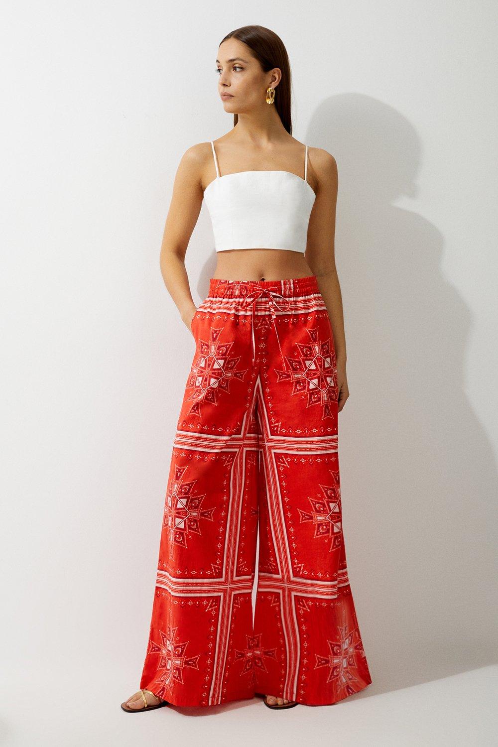 Printed Cotton Voile Beach Trousers - Red