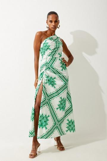 Printed Cotton Voile One Shoulder Midi Dress green