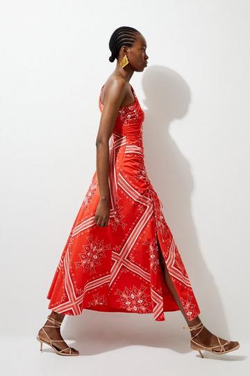Red Printed Cotton Voile One Shoulder Midi Dress