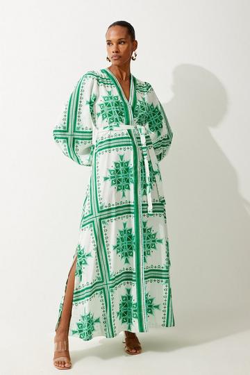 Green Printed Cotton Voile Maxi Beach Dress