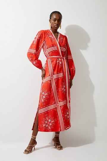 Red Printed Cotton Voile Maxi Beach Dress