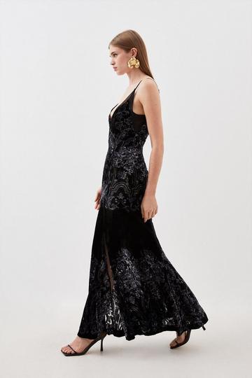 Black Placed Velvet Devore Strappy Woven Maxi Dress