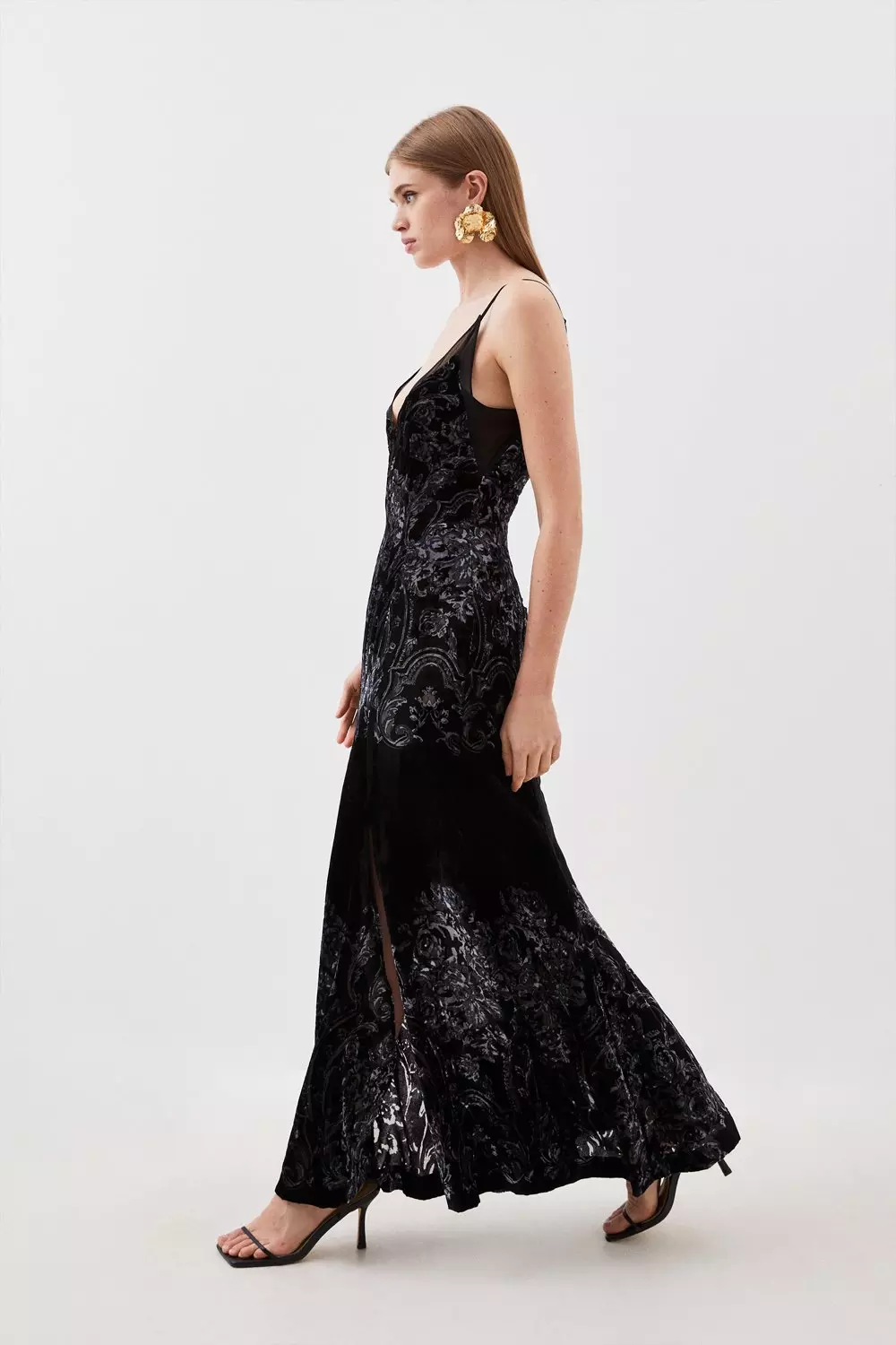 Placed Velvet Devore Strappy Woven Maxi Dress Karen Millen