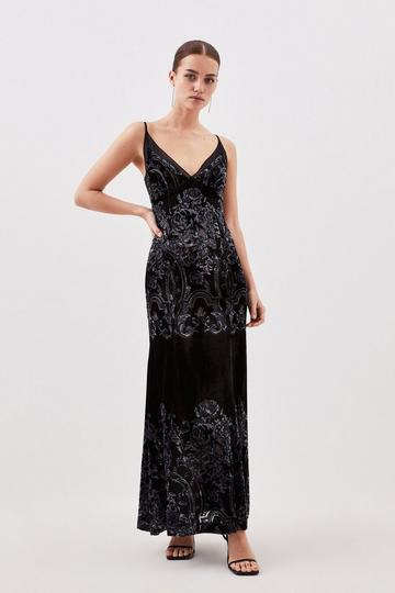 Black Petite Placed Velvet Devore Strappy Woven Maxi Dress