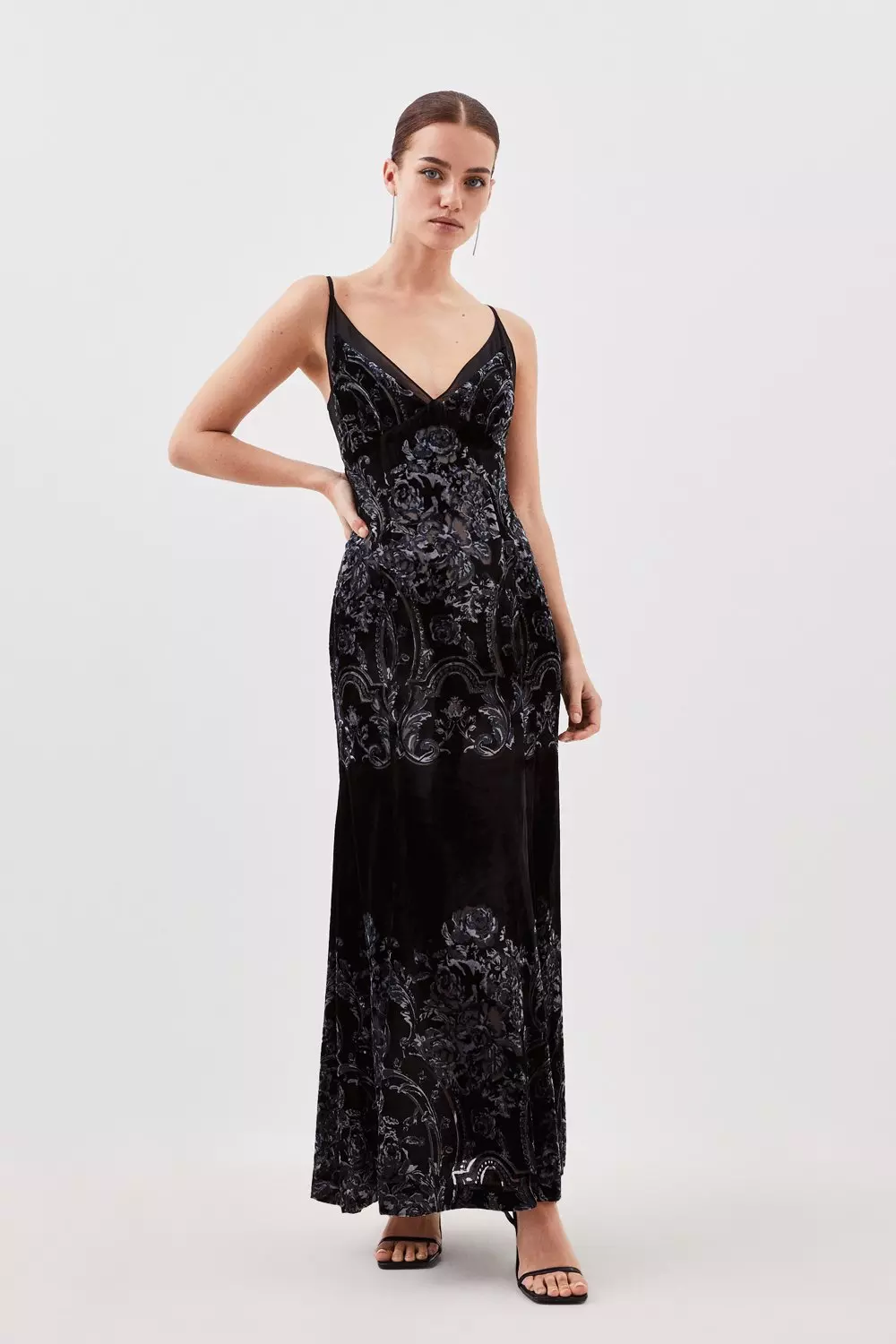 Petite Placed Velvet Devore Strappy Woven Maxi Dress | Karen Millen