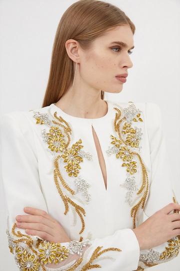 Petite Premium Crystal Powershoulder Embelished Woven Maxi Dress ivory