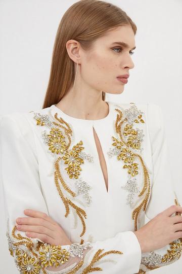 Premium Crystal Power Shoulder Embellished Woven Maxi Dress ivory