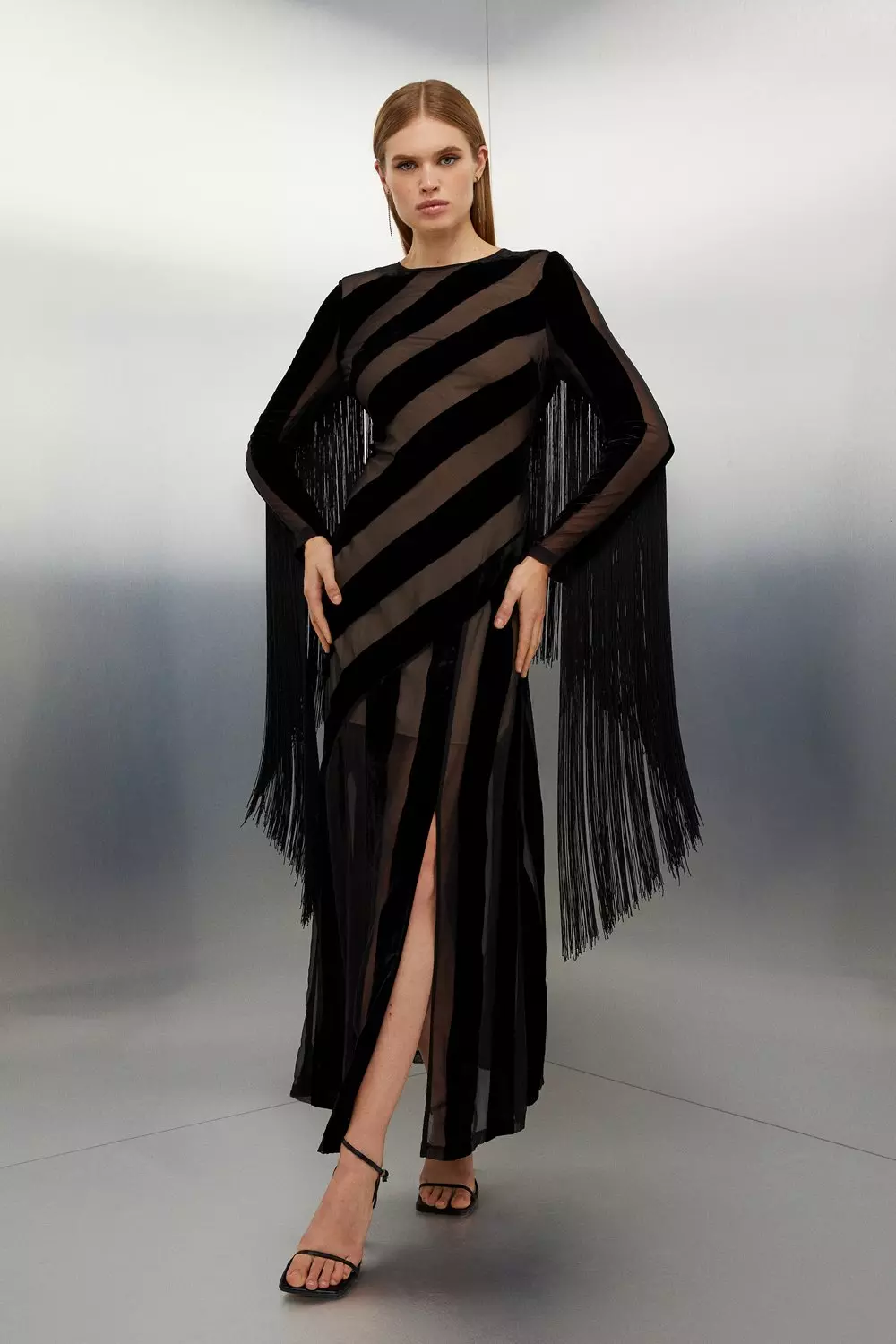 Fringed Velvet Devore Long Sleeve Woven Maxi Dress Karen Millen