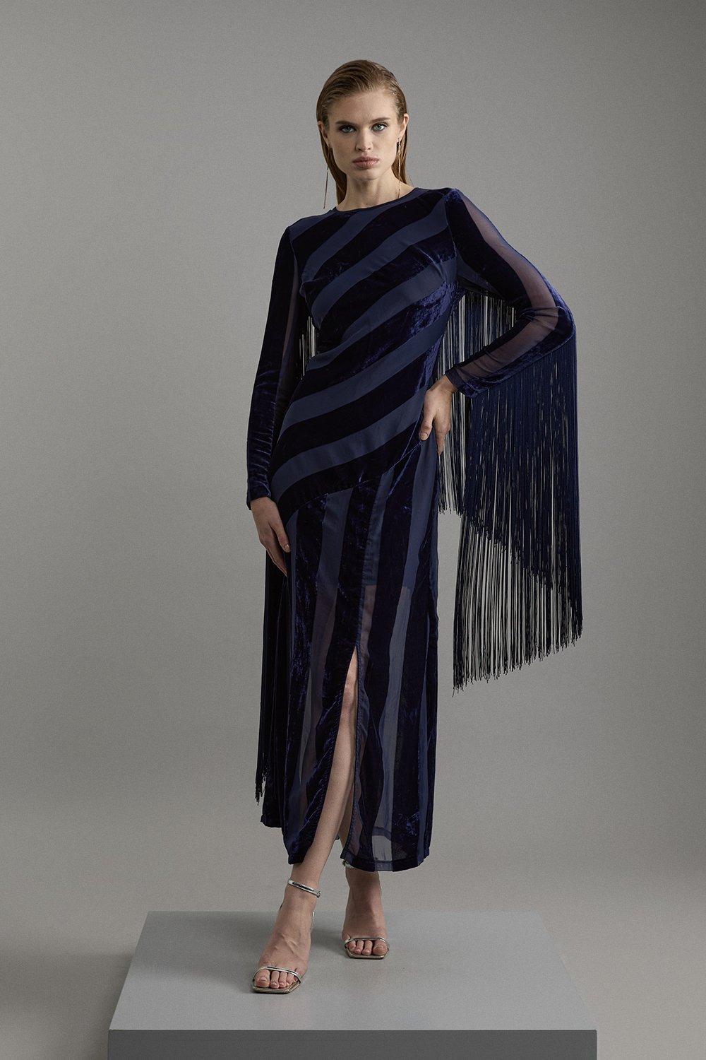 Fringed Velvet Devore Long Sleeve Woven Maxi Dress - Navy