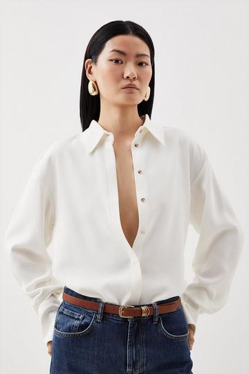 Premium Viscose Crepe Long Sleeve Collared Shirt ivory