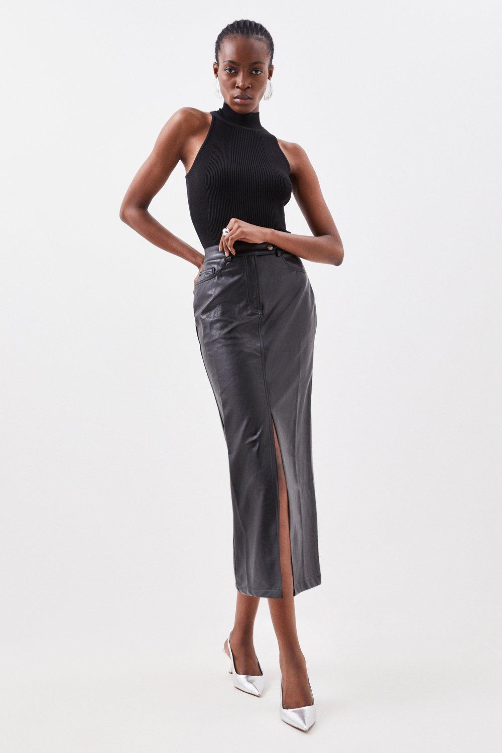 Womens black leather deals pencil skirt