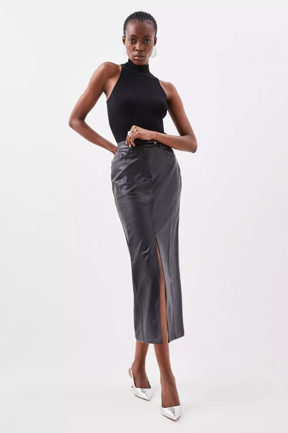 Black leather pencil skirt and outlet top