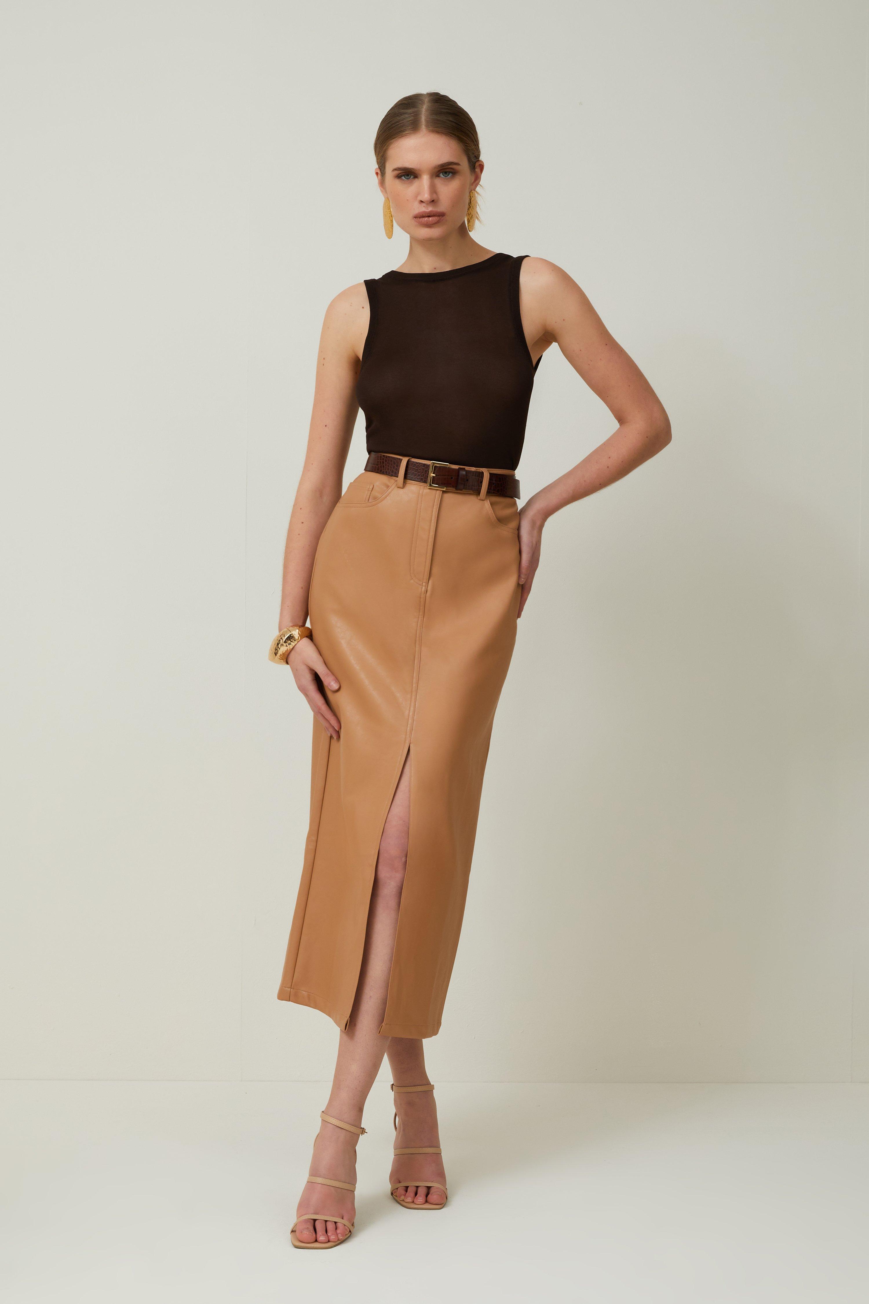 Karen millen burgundy leather cheap skirt