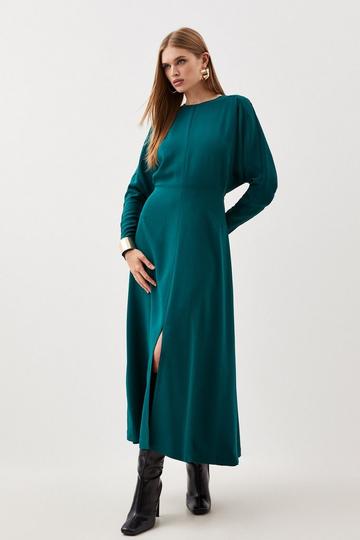 Green Premium Woven Viscose Crepe Long Sleeve Midi Dress