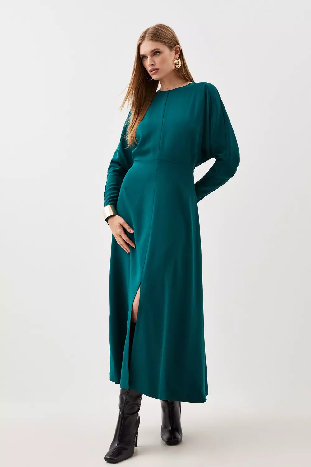 Premium Woven Viscose Crepe Long Sleeve Midi Dress