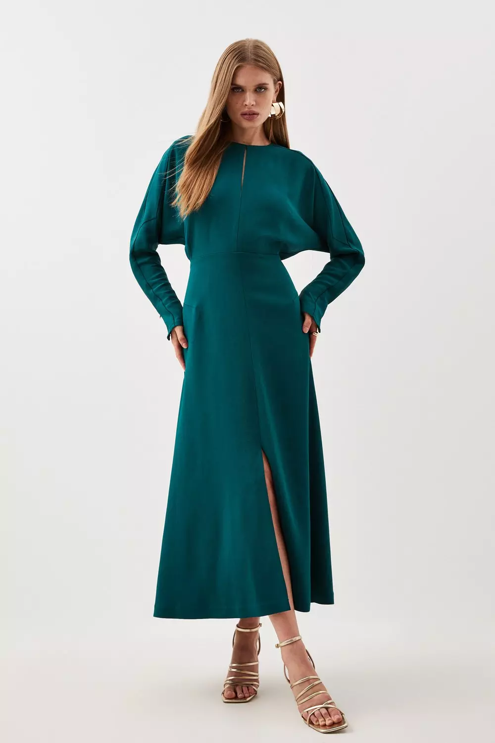 Plus Size Premium Viscose Crepe V Neck Long Sleeve Woven Midi Dress