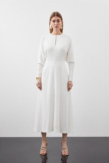 Ivory White Premium Woven Viscose Crepe Long Sleeve Midi Dress