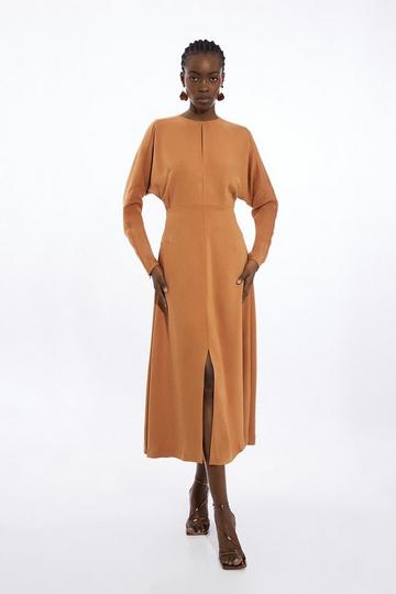 Premium Woven Viscose Crepe Long Sleeve Midi Dress neutral
