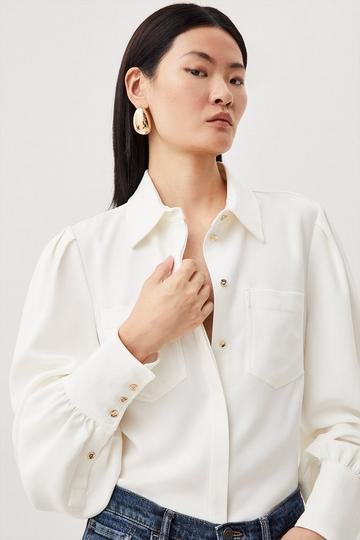 Viscose Crepe Statement Sleeve Collared Blouse ivory