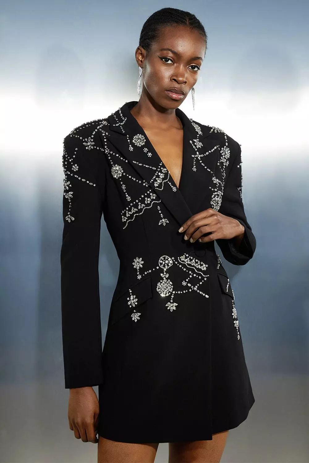 Crystal Embellished Cady Blazer Woven Mini Dress | Karen Millen