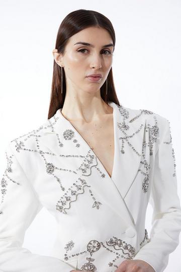Crystal Embellished Cady Blazer Woven Mini Dress ivory