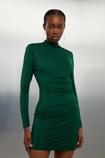 Green Jersey Crepe Ruched Long Sleeve Mini Dress