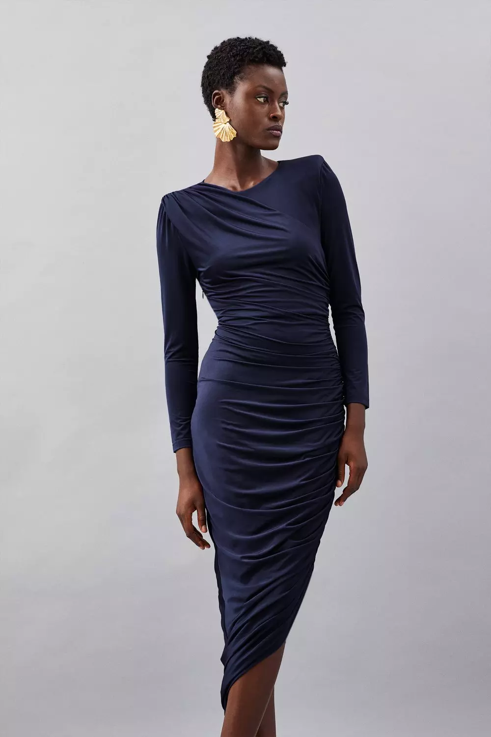 Jersey Crepe Ruched Long Sleeve Maxi Dress Karen Millen