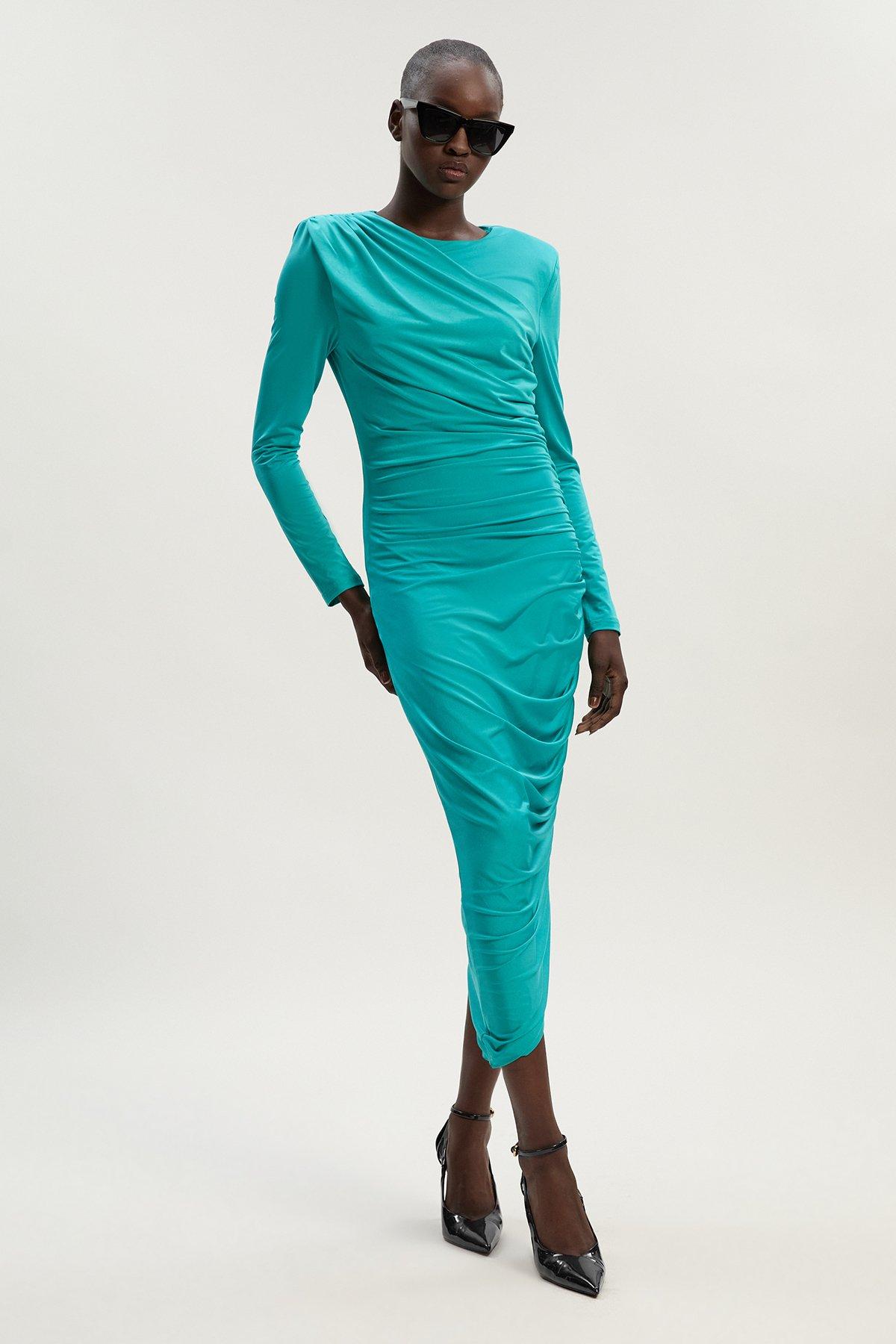 Jersey Crepe Ruched Long Sleeve Maxi Dress - Blue