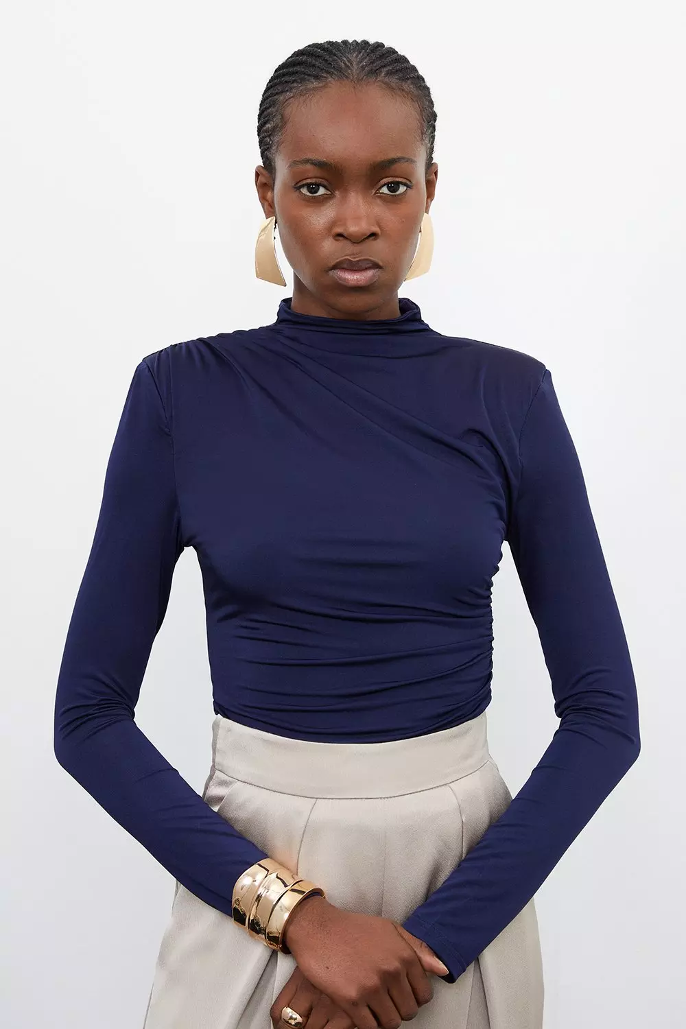 Navy Blue Full Sleeves Mock Neck