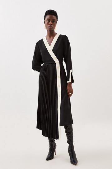 Black Twill Pleated Woven Midi Dress