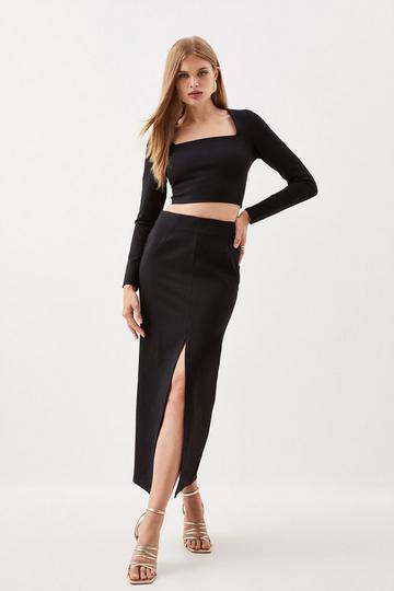 Black Ponte Long Sleeve Crop Top And Split Front Skirt Jersey Set