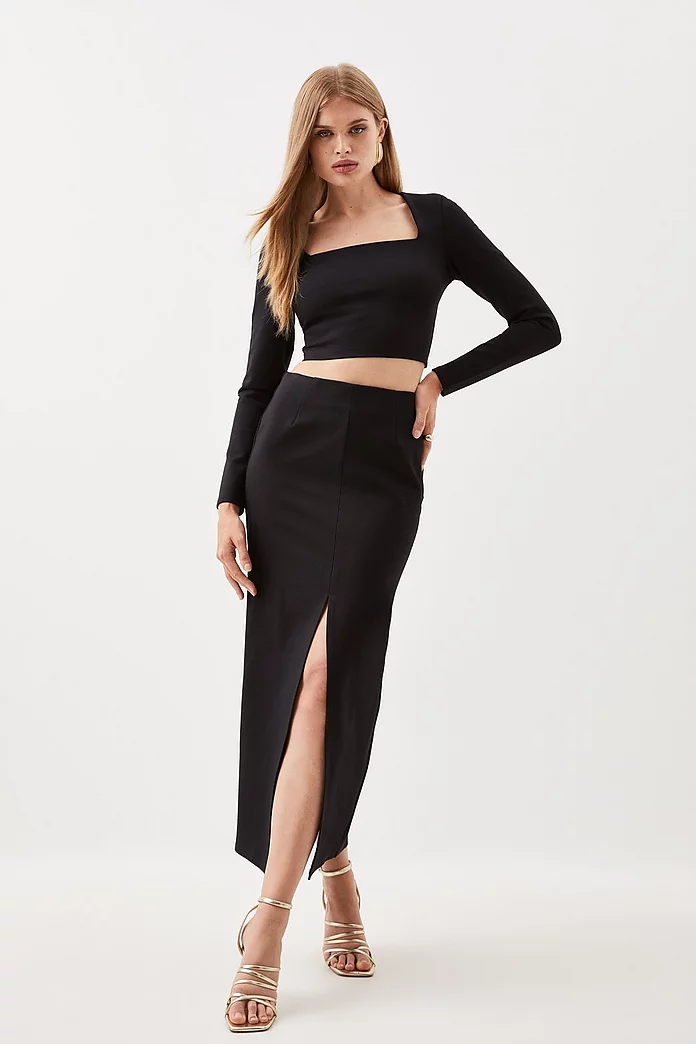 Ponte Long Sleeve Crop Top And Split Front Skirt Jersey Set | Karen Millen