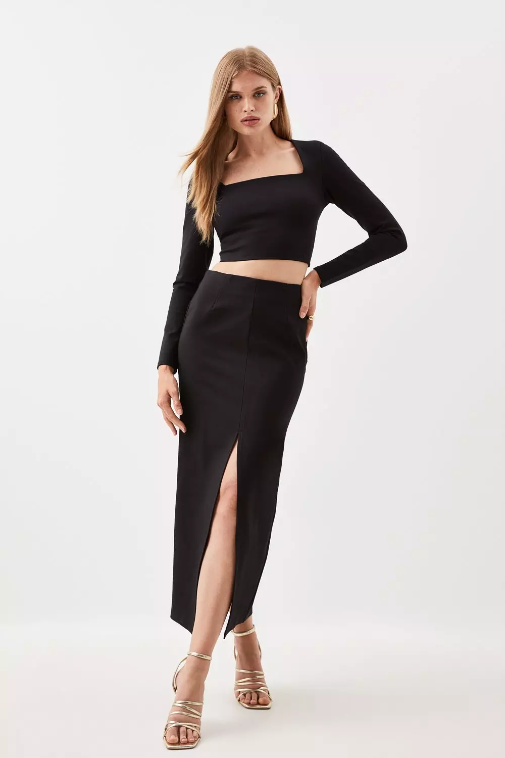 Ponte Long Sleeve Crop Top And Split Front Skirt Jersey Set