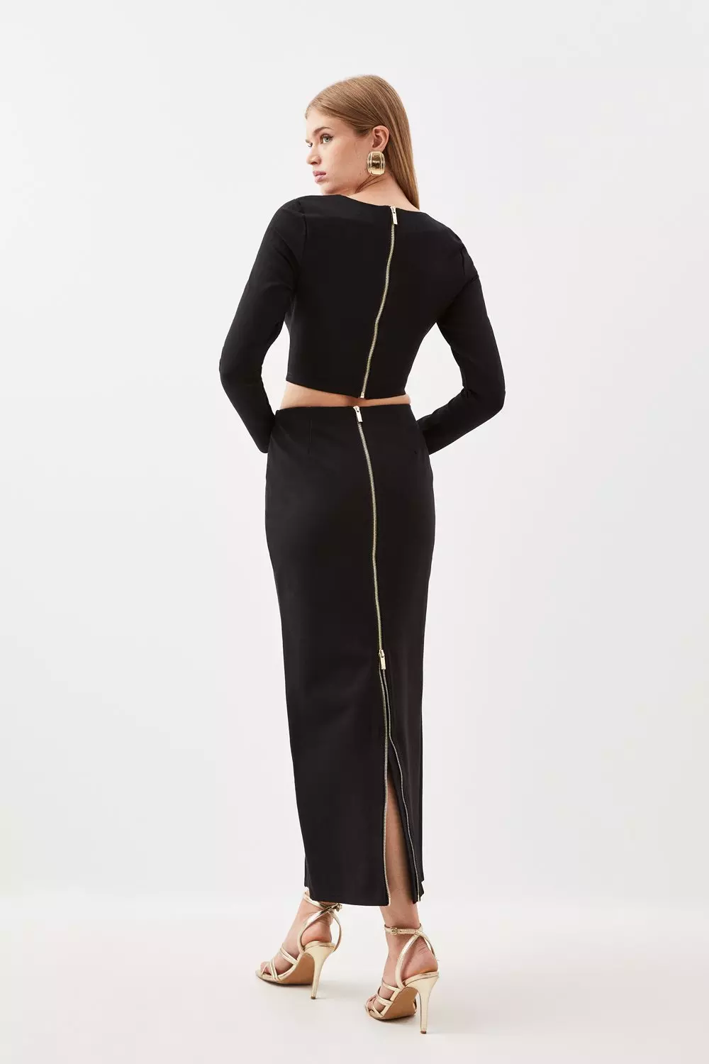 Ponte Long Sleeve Crop Top And Split Front Skirt Jersey Set | Karen Millen