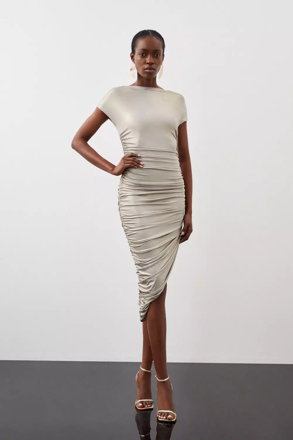 Petite Premium Jersey Metallic Asymmetric Neck Midi Dress | Karen Millen