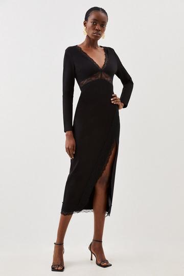 Black Jersey Lace Thigh Split Midi Dress