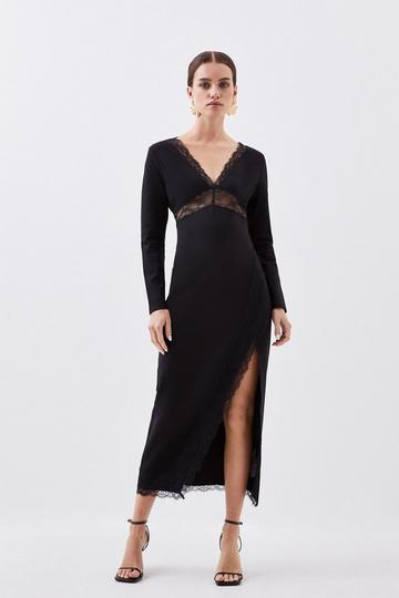 Petite Jersey Lace Thigh Split Midi Dress black